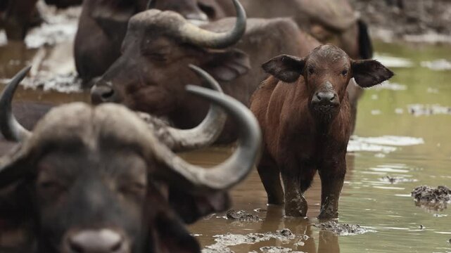 Large herd of African buffaloes relaxing in muddy water under intense savanna heat, using thick mud for cooling and protection from insects and parasites in untamed African wilderness landscape