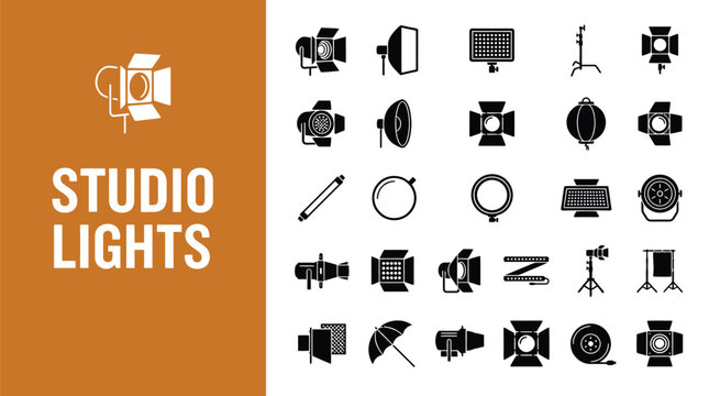 Collection of various studio lighting equipment icons arranged in a grid for professional photography production work