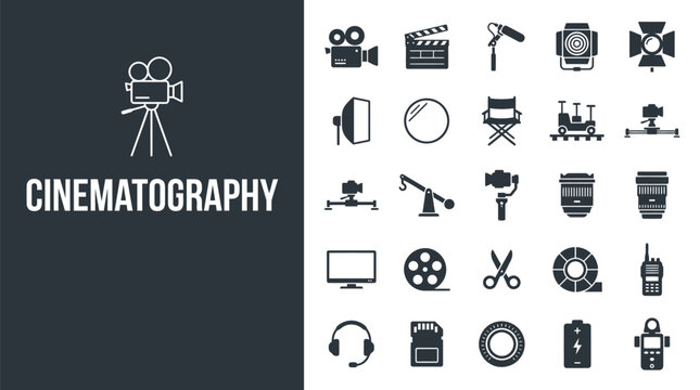 Set of professional cinematography icons for modern film production projects