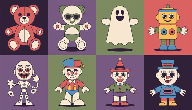 Vintage style toy collection featuring cute teddy bears ghosts robots and funny clowns