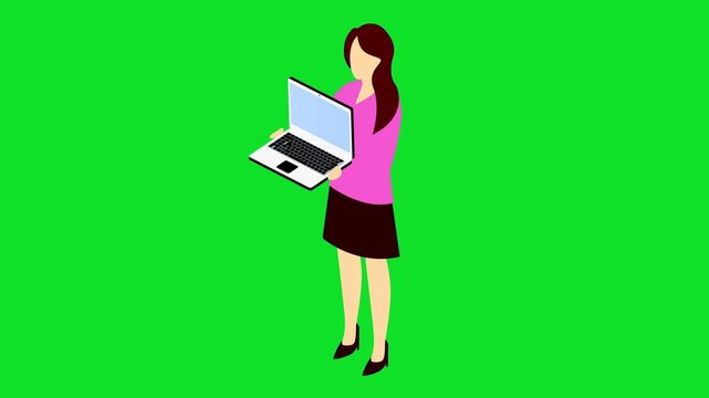 3D Woman Holding Open Laptop 4k stock animation video on a green screen for chroma key background in video editing.