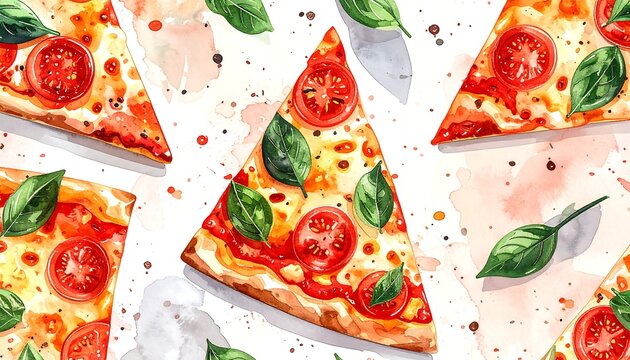 Watercolor illustration featuring several pizza slices adorned with tomatoes and basil, set against a watercolor background