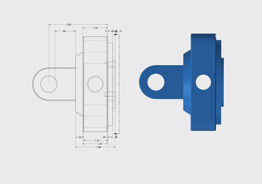 3D CAD render orthographic projection bracket part drawing with engineering dimensions views of blue mechanical housing component