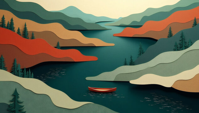 Serene autumn landscape illustration with layered mountains, a tranquil river, and a lone canoe, capturing the peaceful beauty of a scenic fall journey through nature