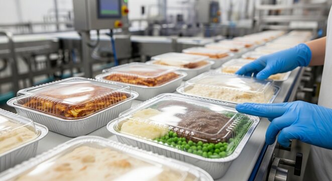 Prepared meals in foil containers on a conveyor belt in a food production facility