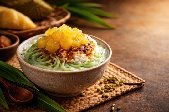 Authentic Malay cendol topped with durian jelly and copy space included