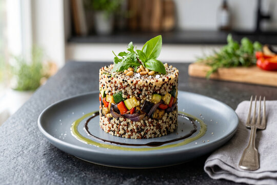 Healthy quinoa timbale tower with roasted zucchini, bell pepper, and eggplant for a fitness diet