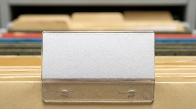 Close-up of a blank white tab on a hanging file folder, ready for labeling and organization
