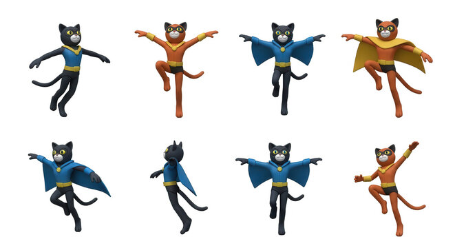 super cats posing on white background performing superhero actions conceptual for comic book illustrations