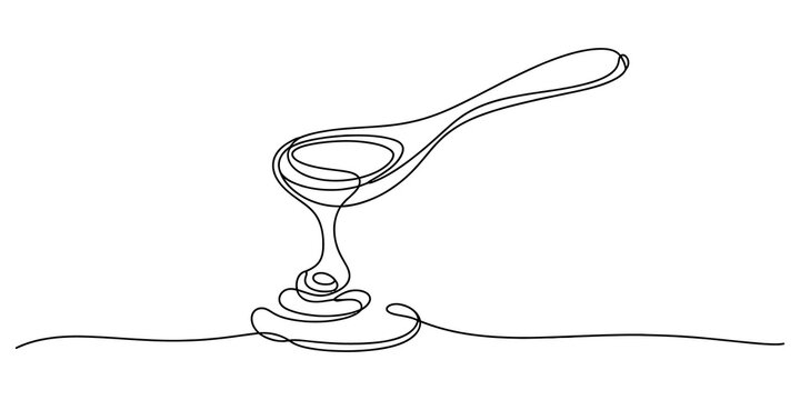 Continuous one line drawing of a wooden spoon pouring liquid honey