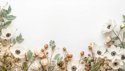 Fototapeta premium Elegant Autumn Floral Border White Anemone and Foliage on Soft Background