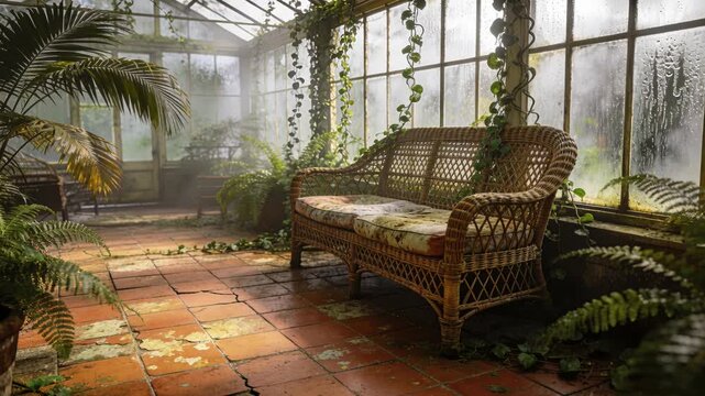 Empty wicker bench sitting inside a misty, old, and abandoned conservatory with overgrown plants