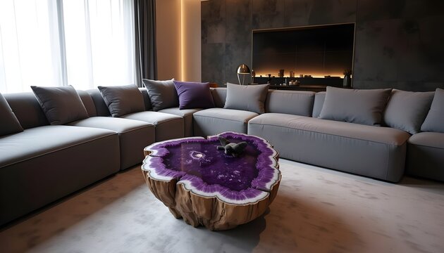 Table designed as raw amethyst geode with polished slice surface, featuring deep crystal textures and luxurious modern artistic furniture aesthetic