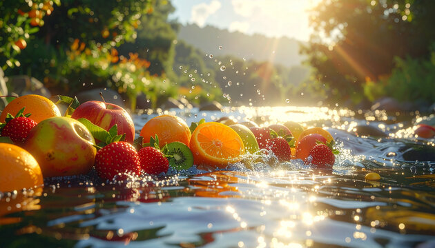 Fresh fruits splashing in river