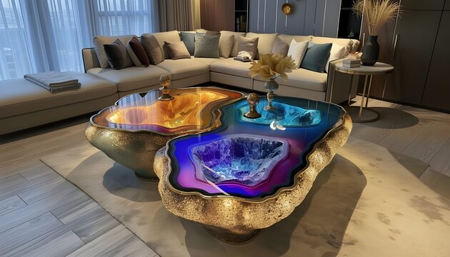 Luxury crystal table with three illuminated geode sections in blue, purple and orange tones, featuring glowing druzy textures and modern artistic design