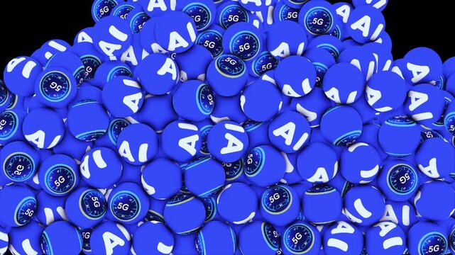 3D Render Artificial Intelligence AI Icon and 5G icon Balls Falling on Green Screen. Realistic 3D Spheres with AI Tech Symbol Dropping and Piling Up Loop.