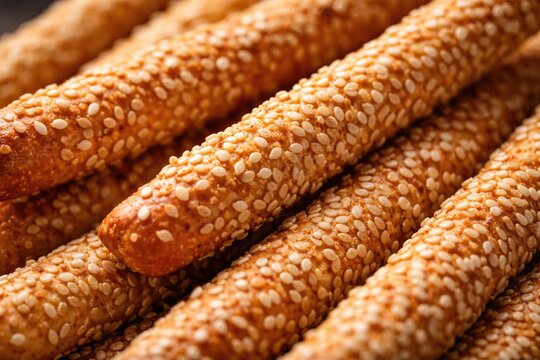 High resolution close up capturing sesame seed coated breadsticks