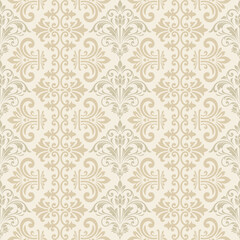 Classic cream damask seamless pattern background with elegant vertical baroque floral ornaments, vector for classic interior wallpaper, luxury textiles, and backdrop designs. © PPS Inspire Art