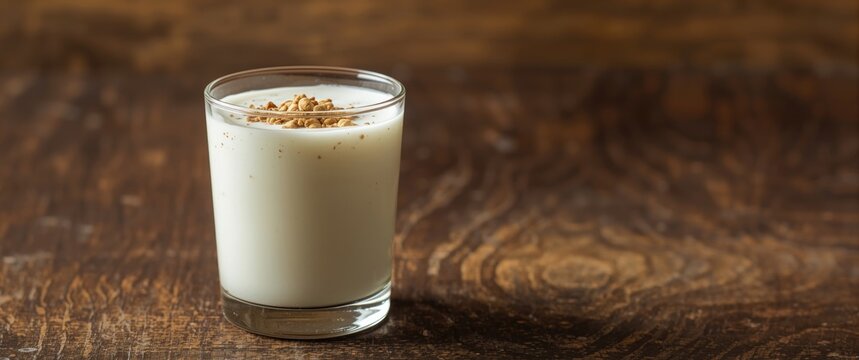 Camel Milk Shubat in Glass Cup Textured Wooden Background, Natural Lighting