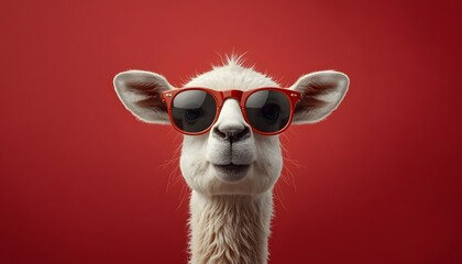 Fototapeta premium Funny white llama wearing red sunglasses posing against a red background