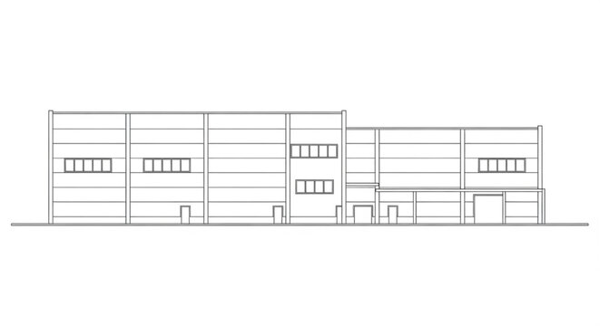 Industrial Warehouse Elevation CAD Drawing with Modern Facade Panels and Loading Entrance Layout
