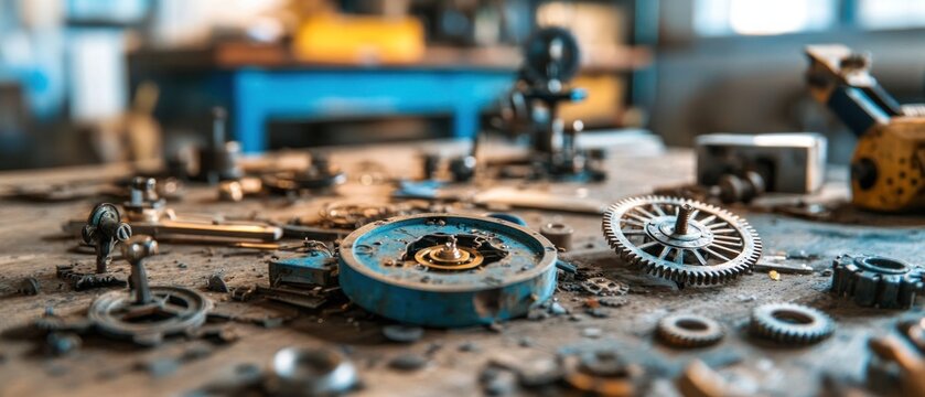 Detailed close up of disassembled clock parts and gears on workbench