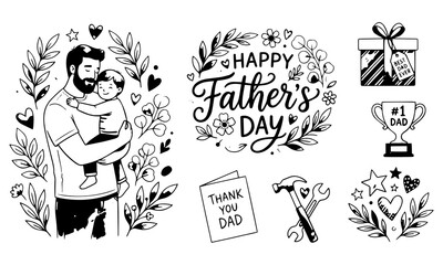 Fototapeta premium Happy Father’s Day Illustration Of Father Hugging Son With Gift And Trophy PNG