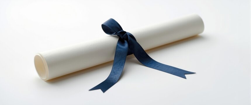 A detailed shot of a diploma from university with a tied ribbon on a white backdrop