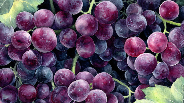 Watercolor illustration of grapes in full frame composition, dense overlapping grape clusters with deep purple and green tones and glossy fruit texture.