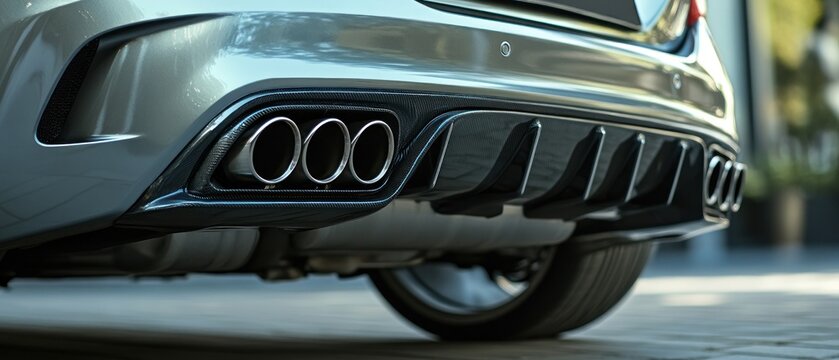 Sleek car rear bumper with triple exhaust pipes carbon fiber detail