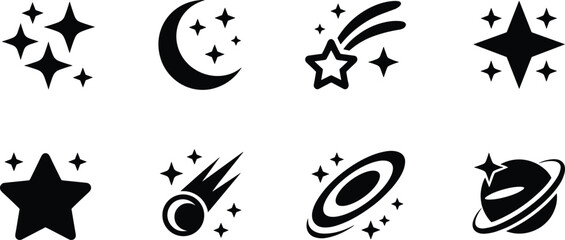 Vector illustration of space and astronomy icon set with crescent moon stars sparkling constellations comets galaxy and saturn planet silhouettes © Yesrath Hasan Sobuj