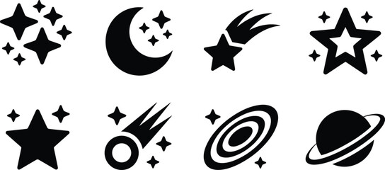Vector illustration of space and astronomy icon set with crescent moon stars sparkling constellations comets galaxy and saturn planet silhouettesVector illustration of space © Yesrath Hasan Sobuj