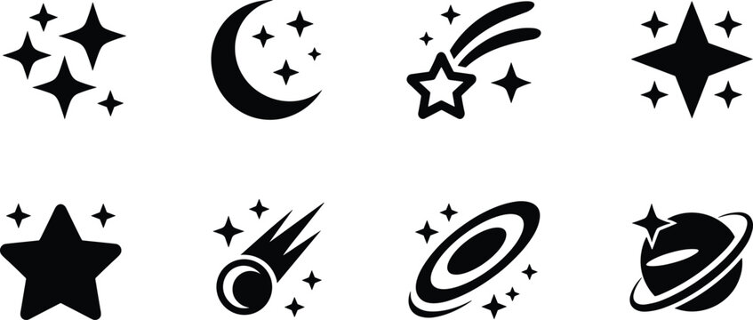 Vector illustration of space and astronomy icon set with crescent moon stars sparkling constellations comets galaxy and saturn planet silhouettes