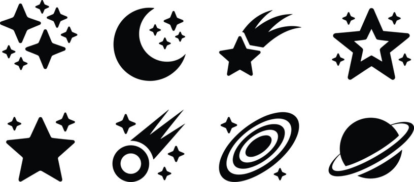 Vector illustration of space and astronomy icon set with crescent moon stars sparkling constellations comets galaxy and saturn planet silhouettesVector illustration of space