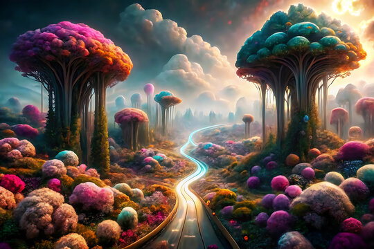 Enchanted alien forest with glowing flora and a winding luminous path fantasy landscape vector illustration