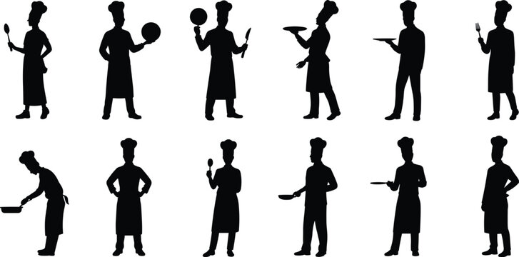 Vector illustration of professional chef silhouettes set holding kitchen tools cooking food pan tray fork spoon restaurant uniform