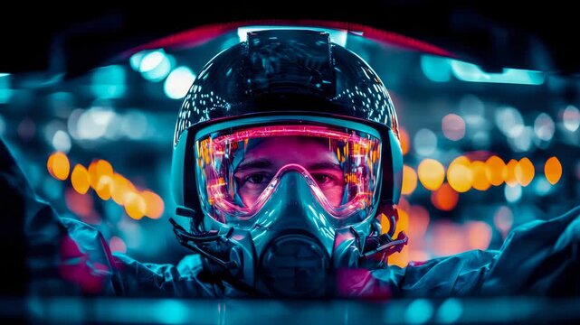 Futuristic driver in advanced protective headgear and breathing apparatus, immersed in neon street reflections and urban illumination at night.