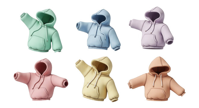 colorful hoodies displayed in studio fashionable pullovers in various pastel colors on a white background apparel design