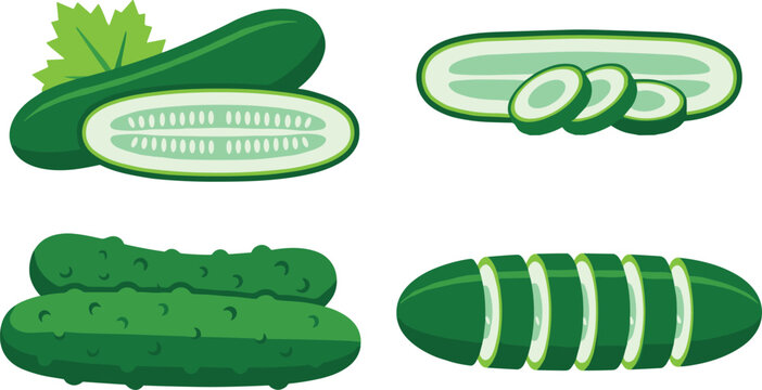 Fresh Green Cucumber Vector Icon Set with Whole Cucumbers, Half Slices, Gherkins, and Chopped Round Pieces Isolated on White Background for Culinary Designs