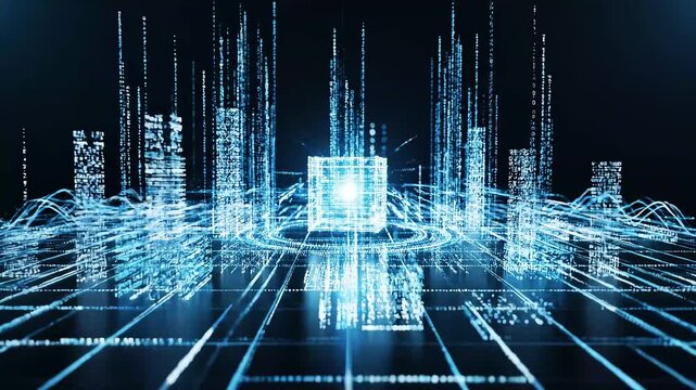 Futuristic glowing blue holographic cube at center of digital grid, surrounded by vertical data streams and circular light rings