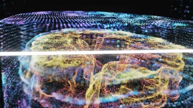 Close-up of colorful abstract digital globe composed of glowing particle dots and light streaks, with horizontal lens flare and bokeh lights