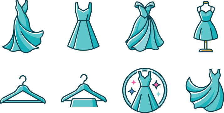 Set of Colorful Vector Dress and Clothing Icons Including Long Dresses, Short Dresses, Hangers, Mannequin Display, and Fashion Designs for Apparel and Wardrobe Projects