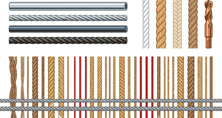 Industrial Ropes and Cables Vector Set with Metal Wire Cord, Twisted Hemp Rope Patterns, Steel Pipe, and Drill Bit Isolated on White Background © MdShamim