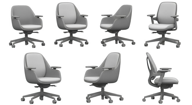 gray office chairs in multiple angles against a white background for furniture design and product visualization