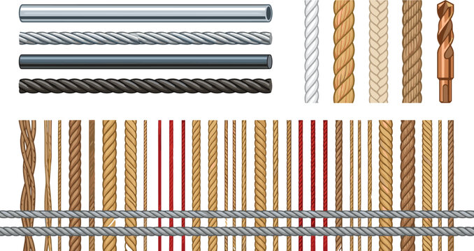 Industrial Ropes and Cables Vector Set with Metal Wire Cord, Twisted Hemp Rope Patterns, Steel Pipe, and Drill Bit Isolated on White Background