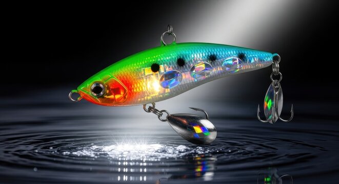 Illuminated Fishing Lure Floating on Water with Colorful Reflection