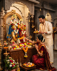 Naklejka premium Family Worshiping, OLD Hindu temple in India