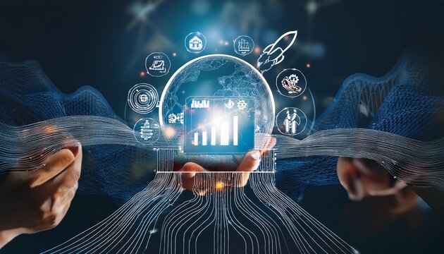 branding design and marketing business strategy with creative innovation digital process and technology