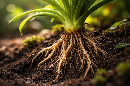 Sharp detail on cendol root plant against gently blurred earthy background