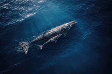 Obraz premium Drone footage of sperm whale and calf traveling through deep ocean waters with copyspace